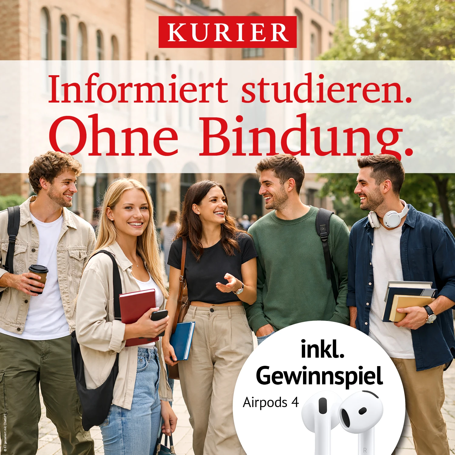 Junge Studenten auf dem Campus mit Kurier-Werbung
